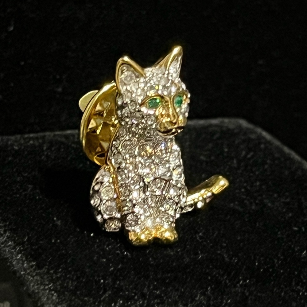 Vintage Swarovski Gold and Silver Cat Pin with Green Accents